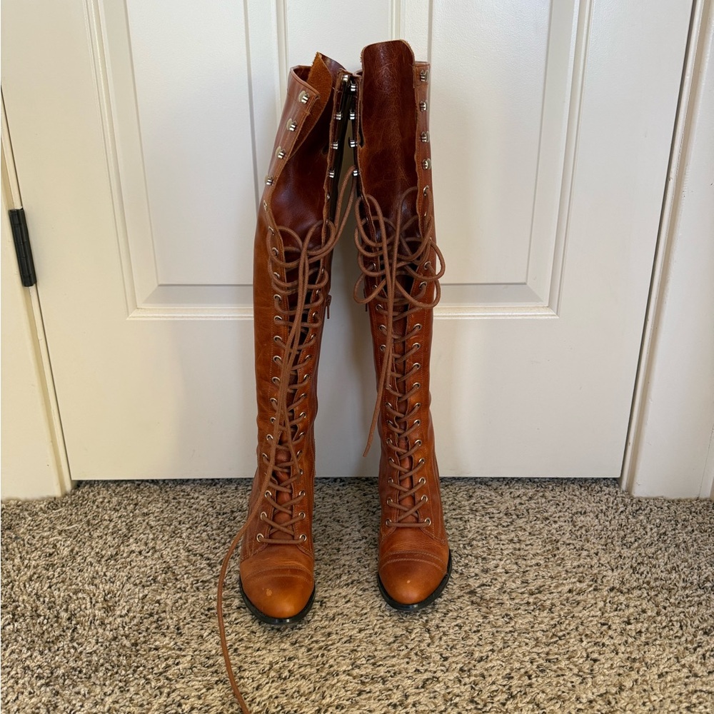 Free People x Jeffrey Campbell Joe Leather Lace up Over-the-Knee Boots